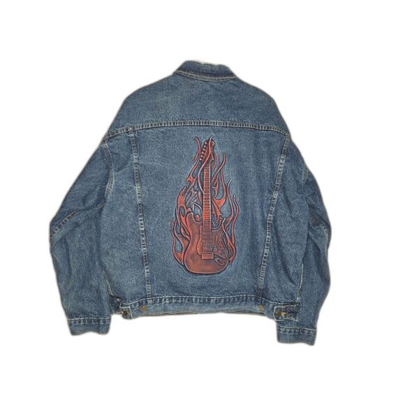 TYCA Other - Vintage TYCA Denim Jacket USA Embossed Guitar Back IAMAW Union 90s Mens Large